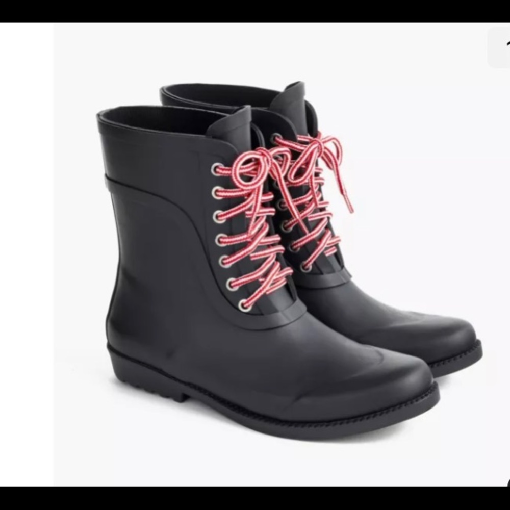 J Crew Wellies Black Red Lace-Up Winter Rain Boots - Brand New